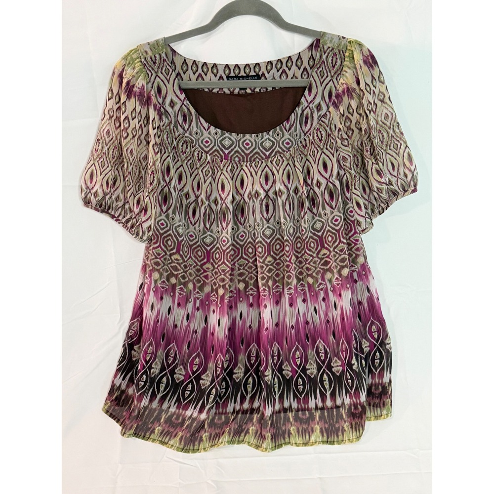 Sara Michelle Womens 2X Blouse Purple Green Geometric Ikat Print Short Sleeve - Picture 3 of 9